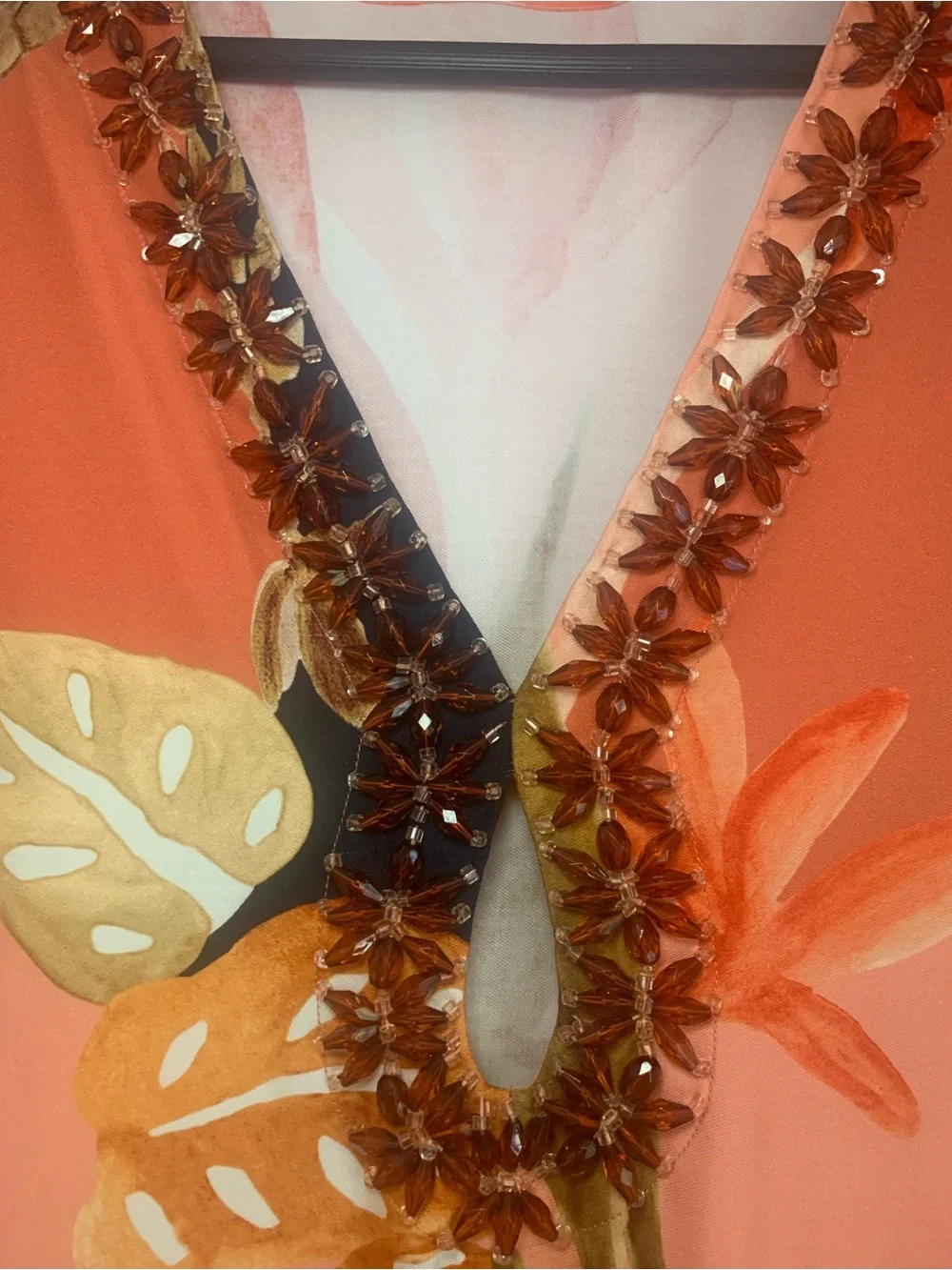 PatBO Bananier Short Coverup | Kaftan in Peach with Beaded Trim and Fringe - Picture 6 of 9